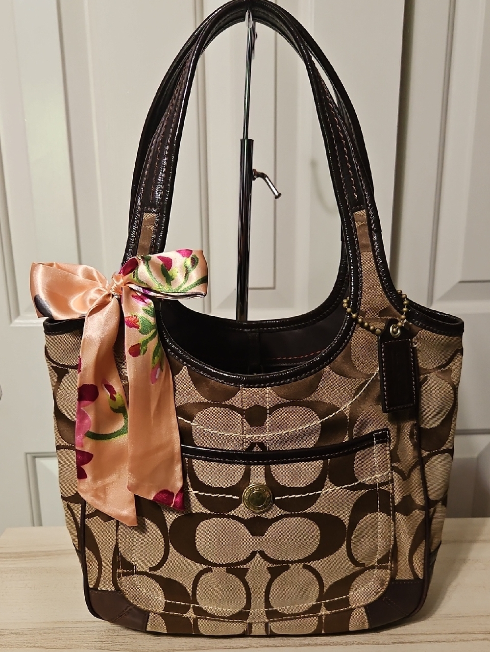 Coach EUC Ergo Brown Signature Canvas Shoulder Bag with Floral Scarf Bag